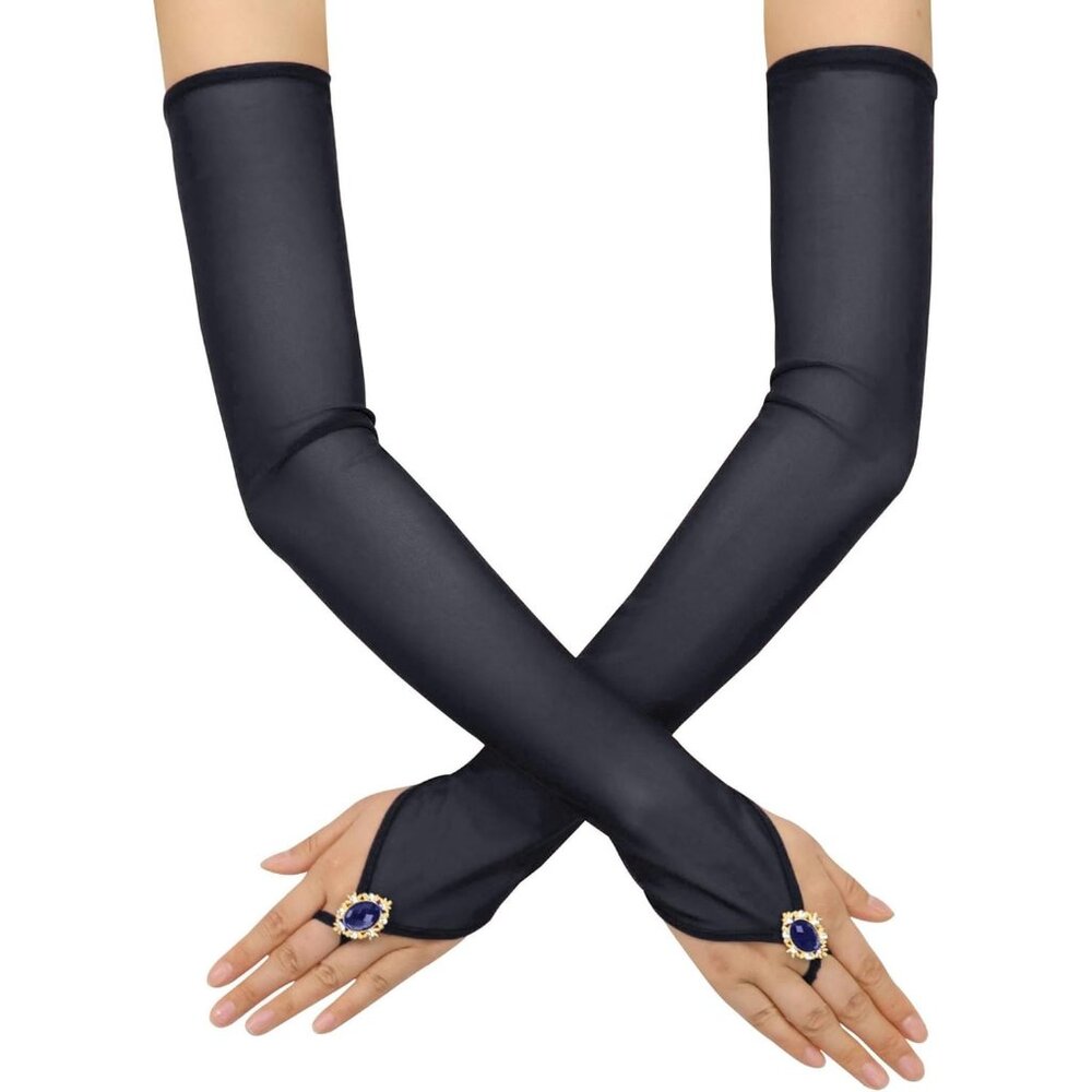 Women's Navy Blue Long Fabric Finger Loop Gloves Bridal Wedding Party Costume